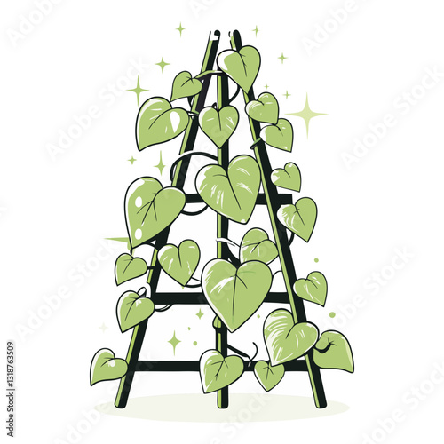 Stylized vector illustration of a lush climbing vine with heart-shaped leaves growing on a trellis, surrounded by sparkles, creating a fresh and decorative botanical design.