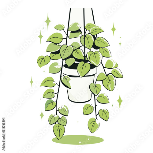 Stylized vector illustration of a lush hanging plant with cascading heart-shaped leaves in a simple pot, surrounded by sparkles, creating a fresh and decorative botanical design.