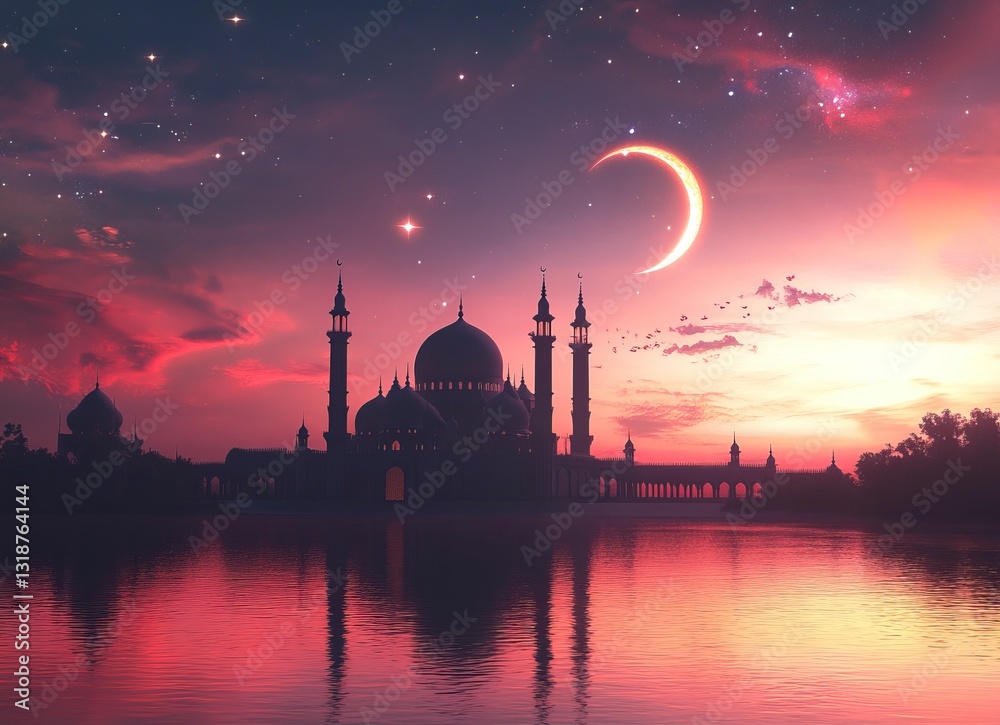 Fototapeta premium A stunning Ramadan background with an Islamic mosque silhouette against the backdrop of a beautiful sunset sky, adorned by a crescent moon and stars. A scene filled with tranquility.