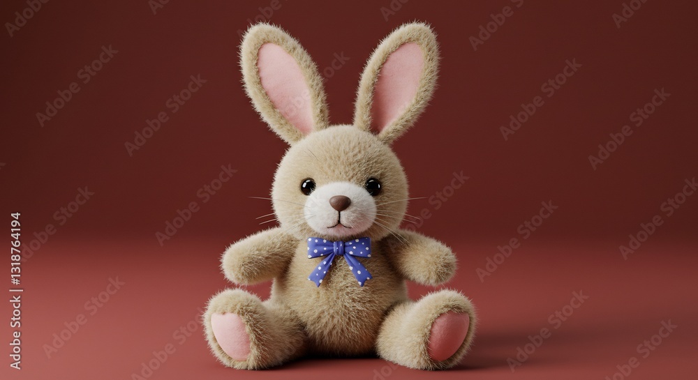 Obraz premium Soft plush bunny toy sits serenely against rich red background warm light enhances fluffy texture. AI Generated