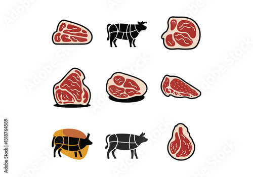 Steak Cow Vector Set: Diverse Meat Cuts Animal Illustrations  Download this set of steak and cow vectors! Perfect for butcher shop designs, restaurant menus, food blogs, and meat-related graphics.