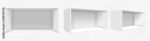 Vector 3D exhibition stand. Geometric empty corner with clean lines. Minimalistic white template for showroom, presentations and exhibition space design.