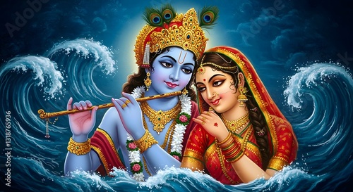 Divine Love: Krishna and Radha Embrace Amidst Ocean Waves