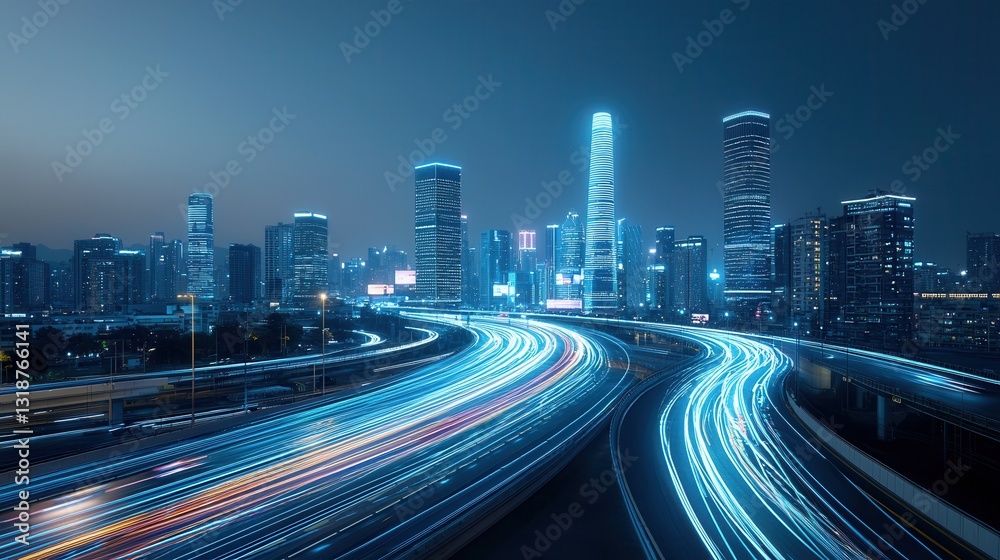 Fototapeta premium Dynamic and futuristic cityscape featuring a bustling metropolis with towering skyscrapers illuminated highways and blurred traffic at night