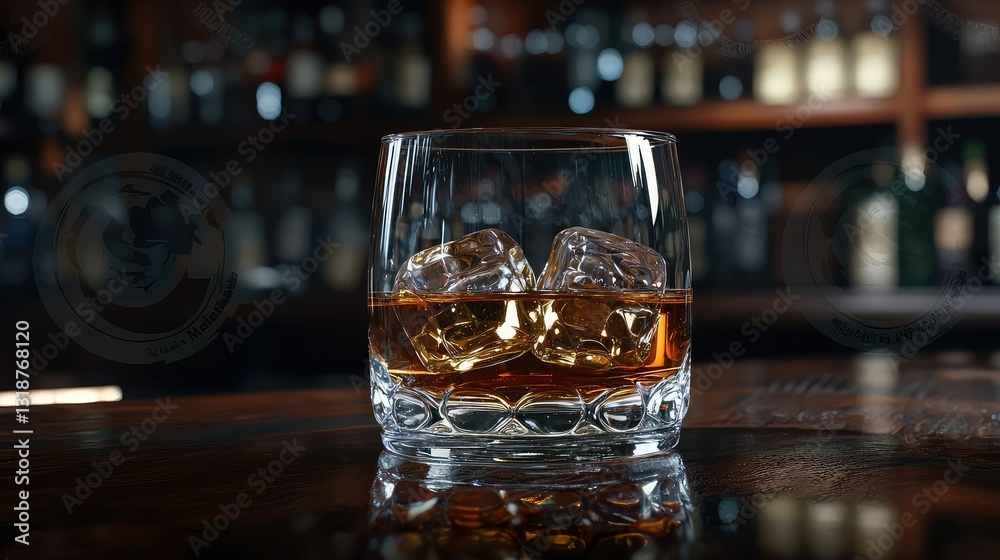 A glass of whiskey on the rocks placed on a dark wooden bar A glass of whiskey on the rocks placed on a dark wooden bar