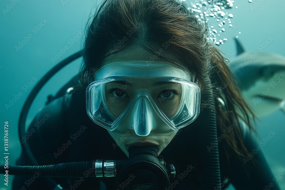 Female diver explores underwater environment alongside shark while practicing safe diving techniques Female diver explores underwater environment alongside shark while practicing safe diving techniques
