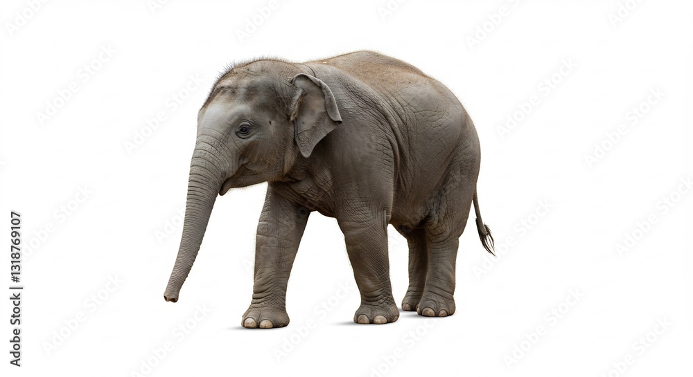 Fototapeta premium Adorable baby elephant stands gently against bright white background. AI Generated