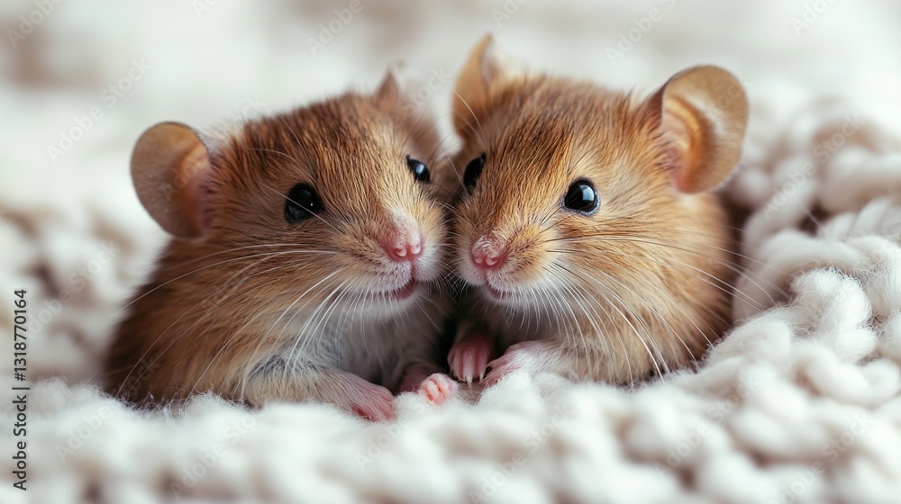 Two Adorable Baby Mice Cuddling on Soft Knit Blanket