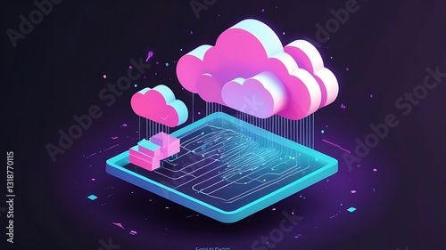 Isometric 3D data cloud with floating digital files and neon lights