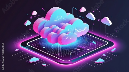 Isometric 3D data cloud with floating digital files and neon lights