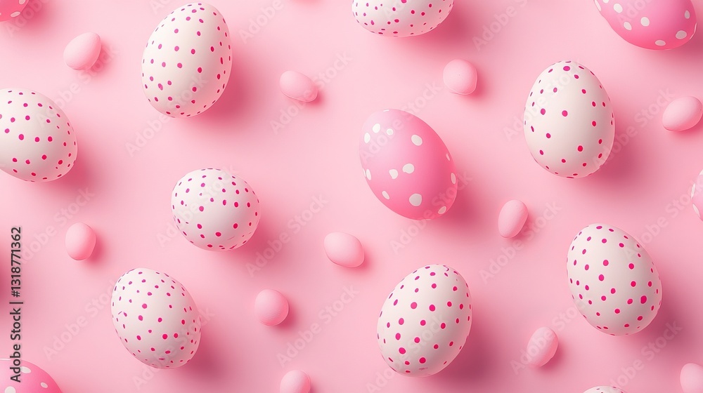 Stylish Easter pattern featuring pink polka-dotted eggs on a soft pink background, perfect for holiday-themed designs. Stylish Easter pattern featuring pink polka-dotted eggs on a soft pink background, perfect for holiday-themed designs.