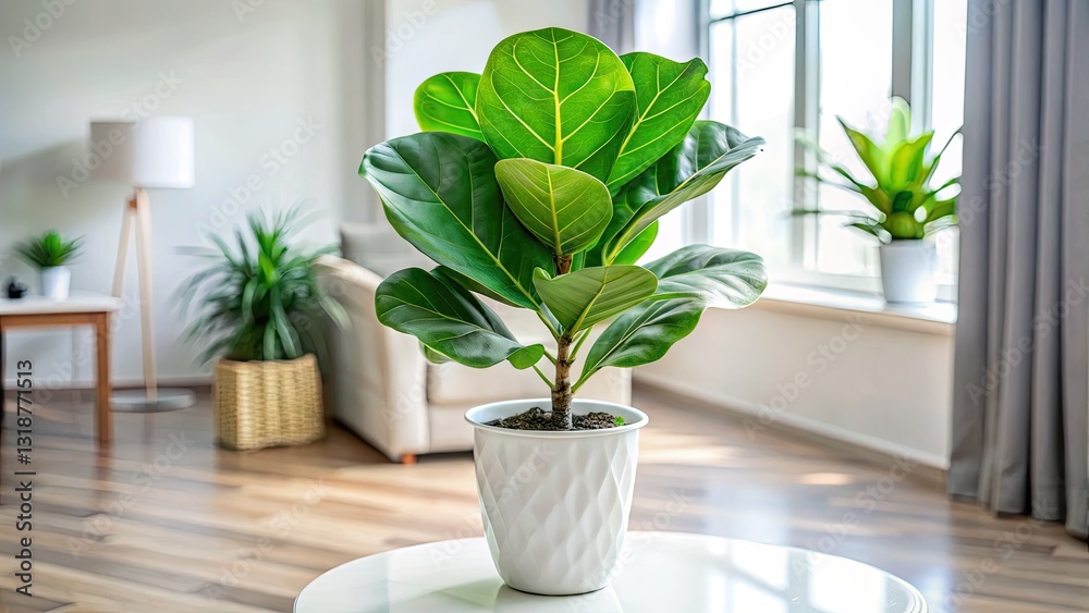 A stylish fiddle leaf fig in a minimalist white pot, sharply focused, enhances modern home décor. A stylish fiddle leaf fig in a minimalist white pot, sharply focused, enhances modern home décor.