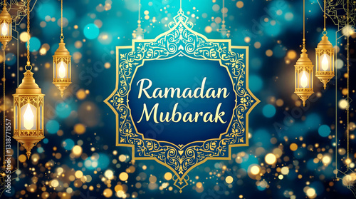 Ramadan Mubarak Background with Elegant Golden Lanterns and Islamic Patterns. 