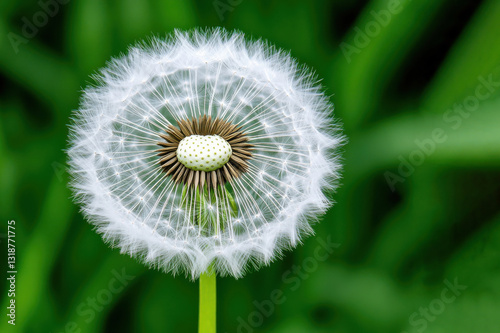 Close-up of a dandelion seed head with green background with space for text. Dandelion puffball with delicate white seeds. 