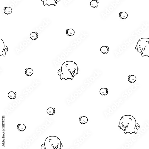 Cute kawaii pomeranian dog. Seamless pattern. Coloring Page. Cartoon character. Vector drawing. Design ornaments.