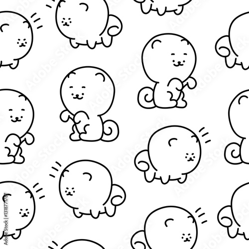 Cute kawaii pomeranian dog. Seamless pattern. Coloring Page. Cartoon character. Vector drawing. Design ornaments.