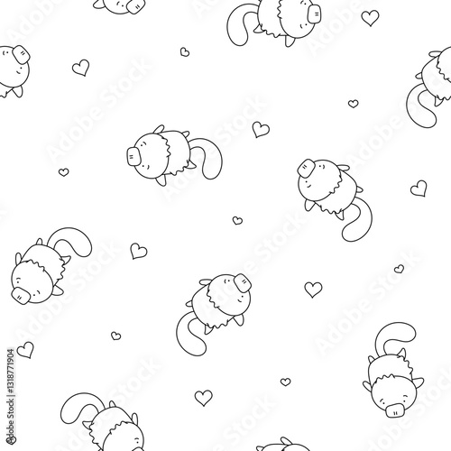 Cute platypus character. Seamless pattern. Coloring Page. Kawaii animal in different poses. Vector drawing. Design ornaments.