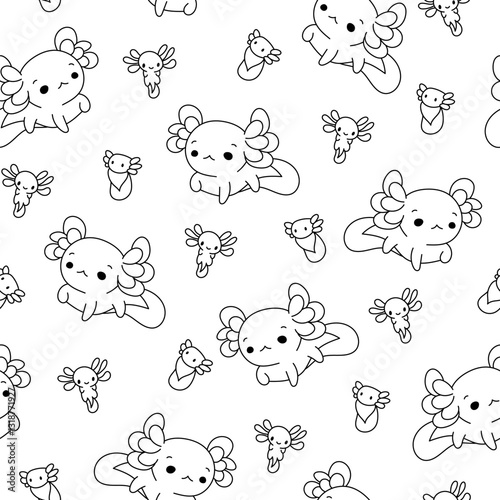 Cute axolotl character. Seamless pattern. Coloring Page. Kawaii ambystoma amphibian different poses. Vector drawing. Design ornaments.