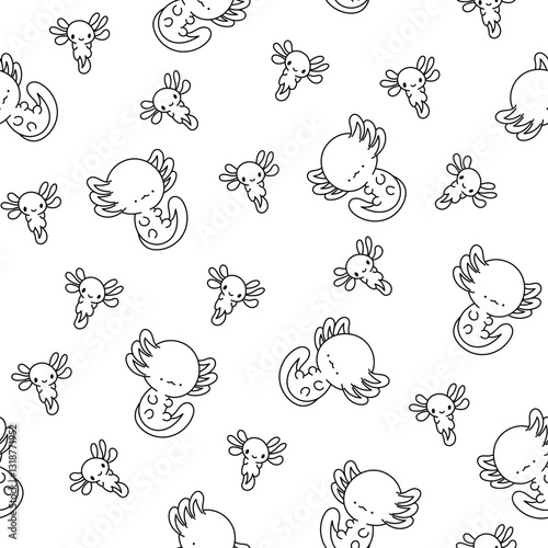 Cute axolotl character. Seamless pattern. Coloring Page. Kawaii ambystoma amphibian different poses. Vector drawing. Design ornaments.