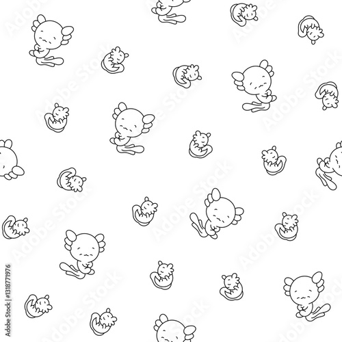 Cute axolotl character. Seamless pattern. Coloring Page. Kawaii ambystoma amphibian different poses. Vector drawing. Design ornaments.