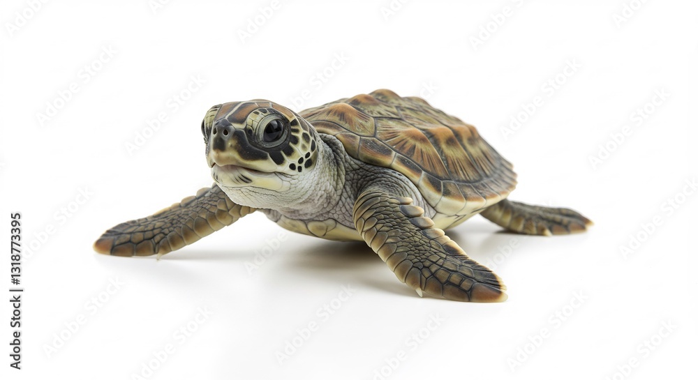 Fototapeta premium Tiny sea turtle hatchling crawls toward bright light against pure white background. AI Generated