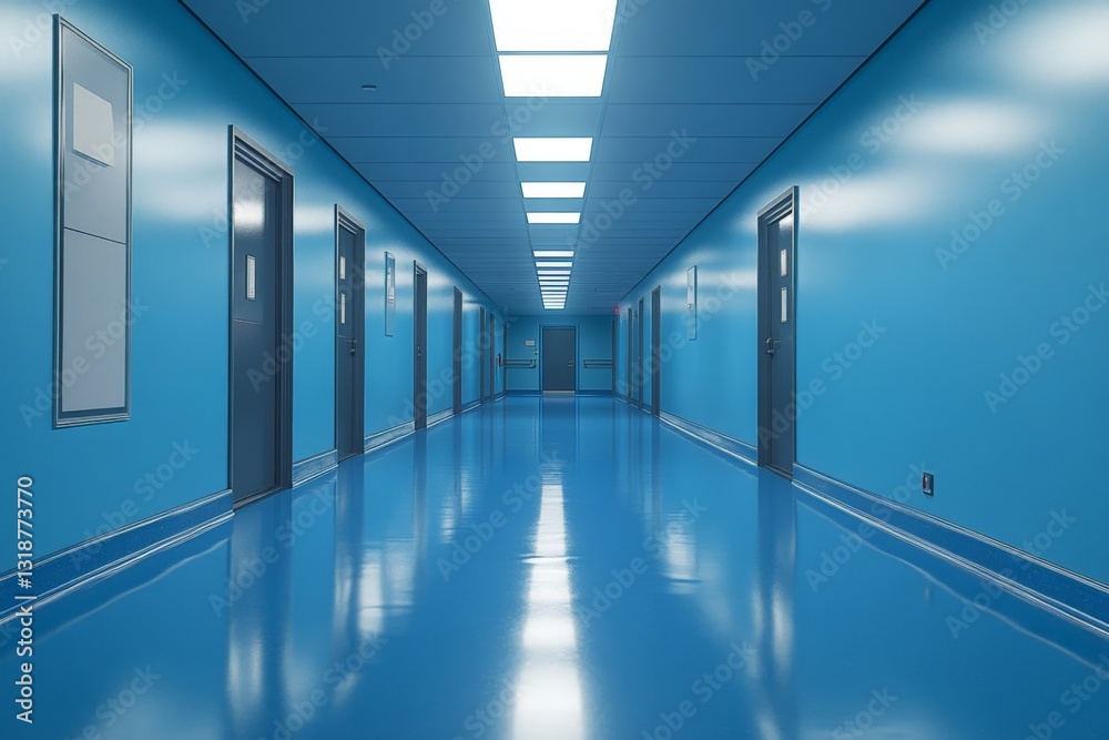 Obraz premium Bright blue hallway with doors in a modern building during daytime