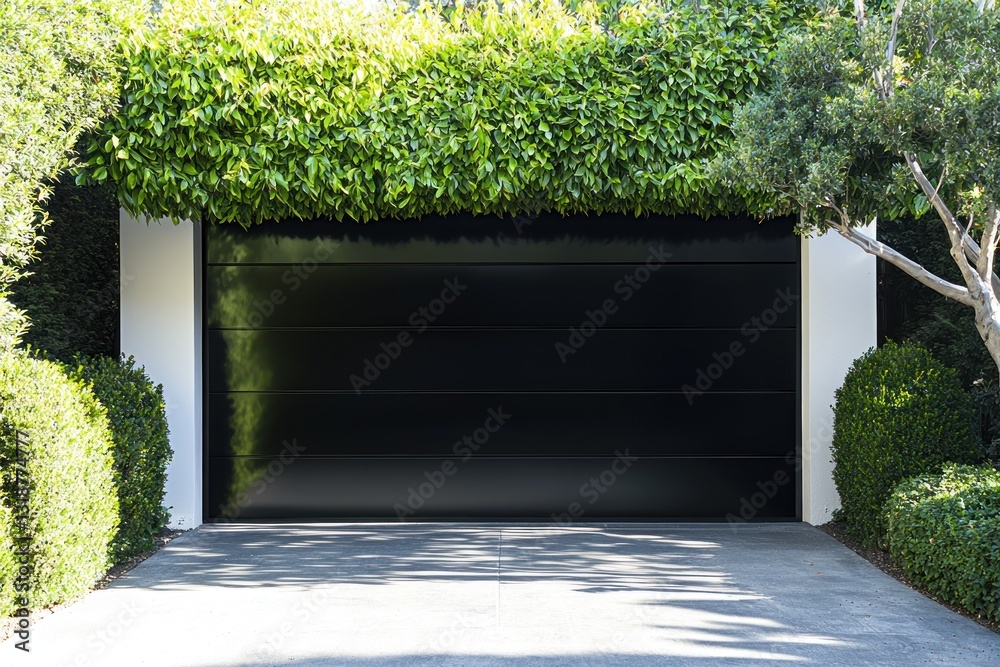 Sleek black garage door amidst green foliage, white pillars and concrete drive