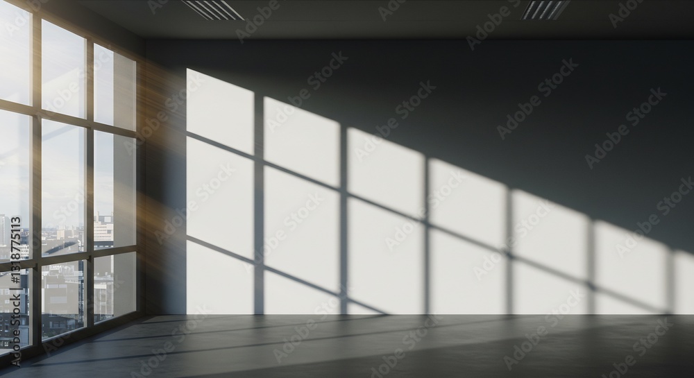 Fototapeta premium Bright sunlight streams through large windows casting dramatic shadows across a minimalist empty room. AI Generated