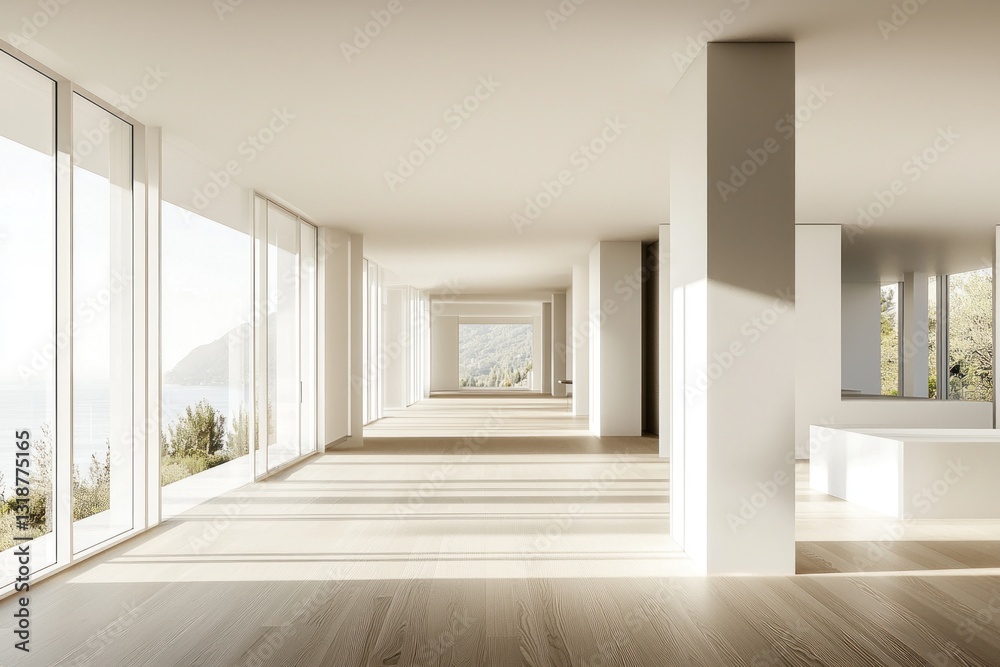 Obraz premium Minimalist interior with large windows, natural light, and landscape view