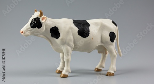Charming black and white cow figurine playfully poses under soft studio lighting. AI Generated