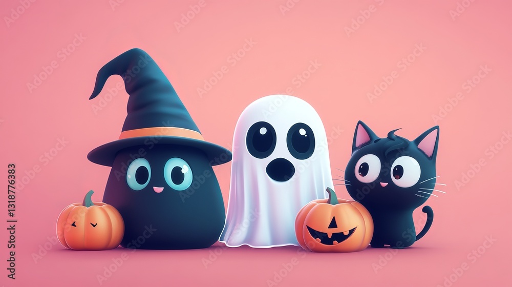 Obraz premium Halloween clipart set featuring a ghost, pumpkin, black cat, and witch hat. Adorable vector cartoon characters with spooky smiles and 