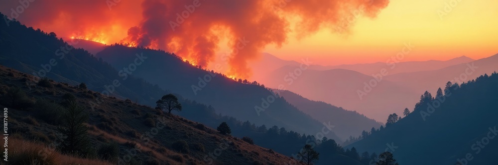 Fototapeta premium Burning hillside with smoke rising high in valley below, wilderness, fire, smoke