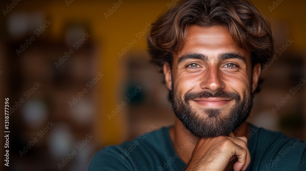 Man with a beard and a smile is posing for a picture. He is wearing a green shirt and has a relaxed expression Man with a beard and a smile is posing for a picture. He is wearing a green shirt and has a relaxed expression