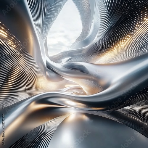 Sleek Metallic Waves Flowing Through a Bright Space with a Futuristic Touch
