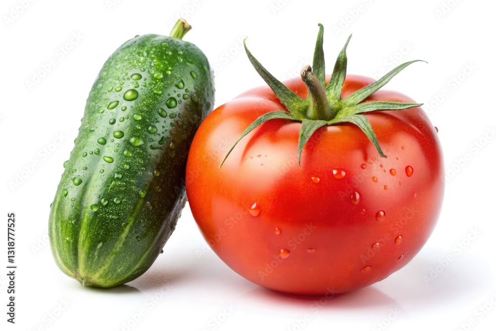 Crisp cucumber and juicy tomato, isolated on white. High-resolution food photography showcasing fresh produce. Crisp cucumber and juicy tomato, isolated on white. High-resolution food photography showcasing fresh produce.