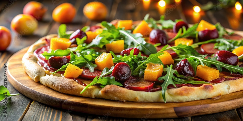 Crisp arugula, salty prosciutto, earthy beetroot â€“ gourmet salad pizza, bokeh-blurred perfection.