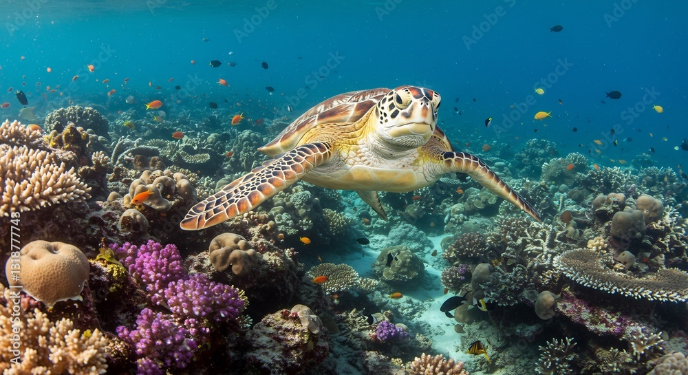 Obraz premium Sea turtle gracefully glides through vibrant coral reef bathed in sunlight. AI Generated