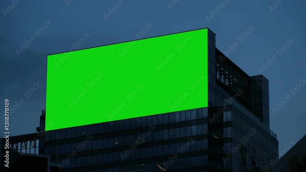 Night City large billboard with a green screen for advertising on the building wall.