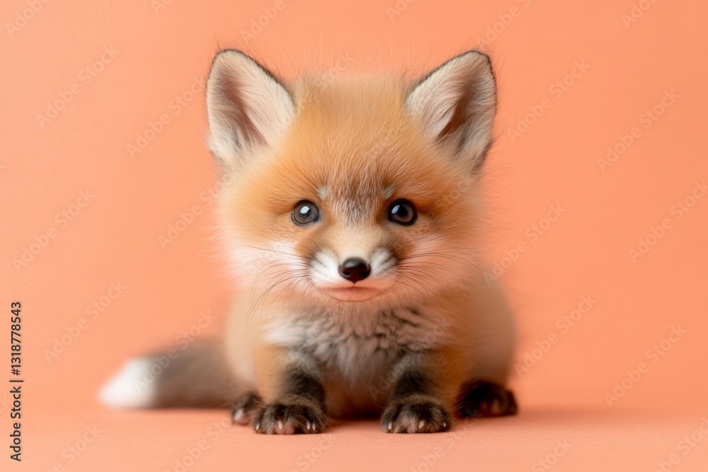 Obraz premium Cute fox cub sitting on a soft orange background with bright eyes and fluffy fur