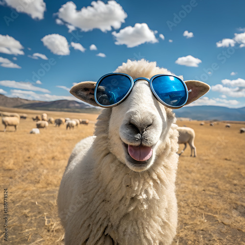 funny sheep with blue sunglasses stands on dry grass field against sky, its joyful face fills everyone with happiness