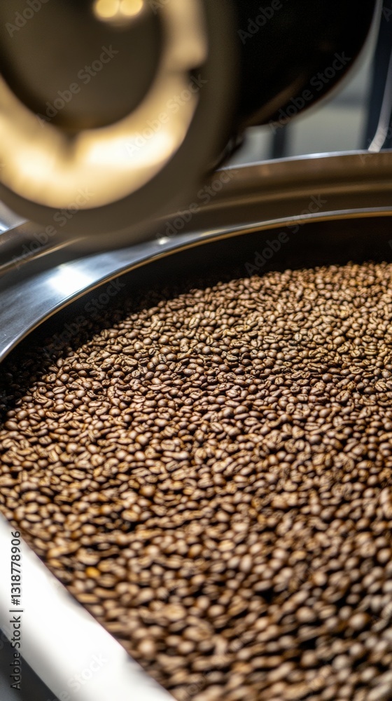 Obraz premium Freshly roasted coffee beans cooling in a commercial roaster, capturing the rich aroma and premium quality of gourmet coffee.