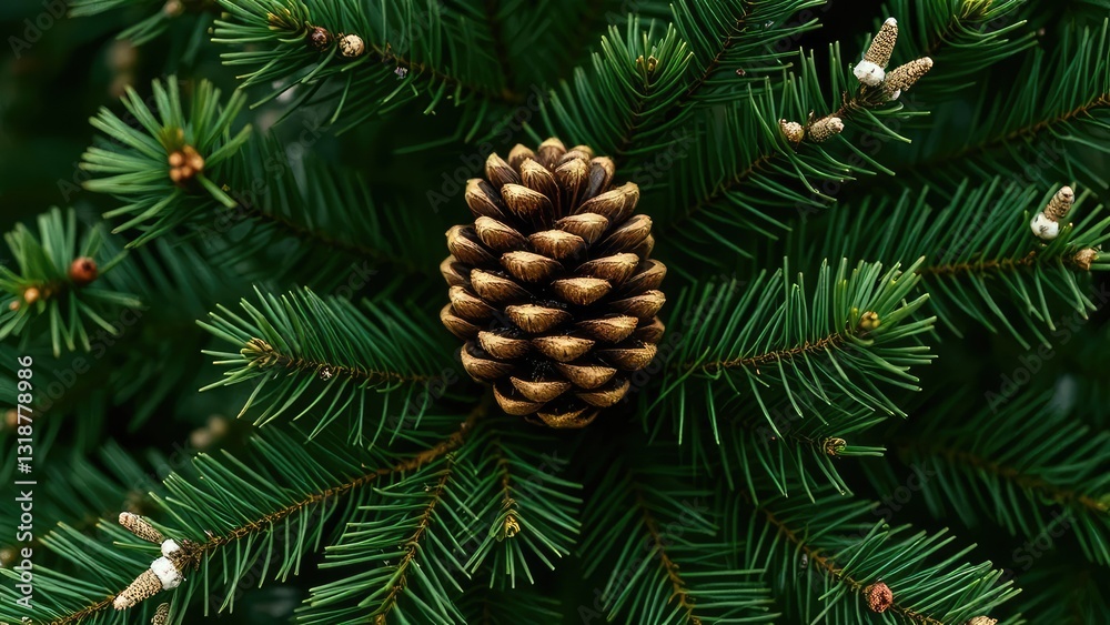 A single pinecone nestled in the nooks of an evergreen tree, foliage, tree, winter A single pinecone nestled in the nooks of an evergreen tree, foliage, tree, winter