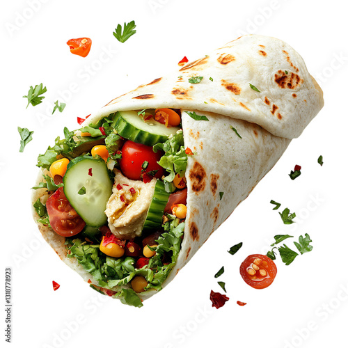 A Fresh and Crispy Veggie Wrap with Hummus Tomatoes and Cucumber Isolated on Transparent Background