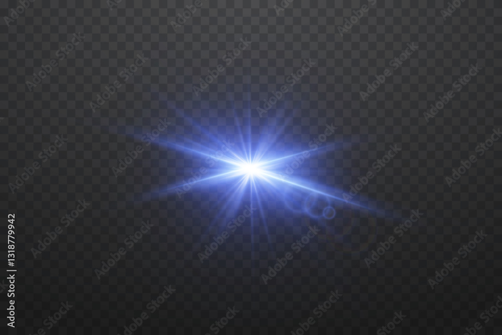 Obraz premium Blue star flash, particle and lens explosion. On a transparent background.