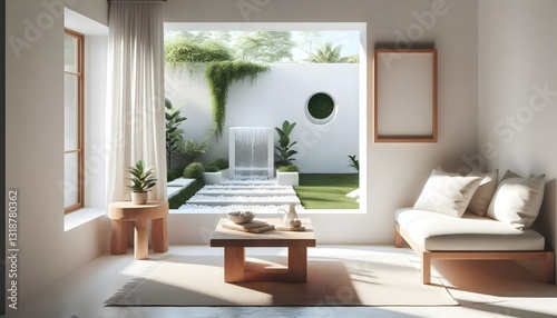 A bright, modern bedroom that seamlessly blends indoor and outdoor living. Mockup of frame.