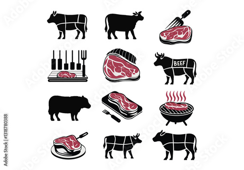 Grilling Vector Pack: Authentic BBQ Tools, Beef Icons Fire Elements Food Art  Get a comprehensive BBQ vector set with detailed cow silhouettes, grills, and meat cuts. Perfect for menus, food blogs, an