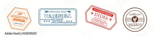 Illustration shows travel stamps from Argentina, Venezuela, India, and Mexico. Each stamp features dates and approval or control status, designed in different colors.
