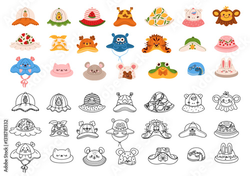 Illustration showcasing a full collection of adorable children.s bucket hats with fruit, animal, and fun character designs for summer.