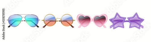 A collection of four unique sunglasses with different frame shapes and colors. Includes classic aviators, round retro, pink heart, and purple starshaped frames, showcasing diverse eyewear fashion.
