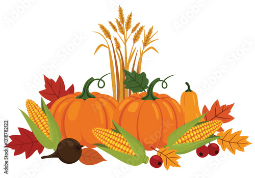 Autumn harvest clipart. This image shows pumpkins, corn, wheat, leaves, and berries. Vector illustration design.